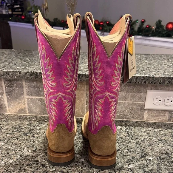Ariat Women's Vibrant Pink and Tan Heeled Boots - Picture 3 of 9